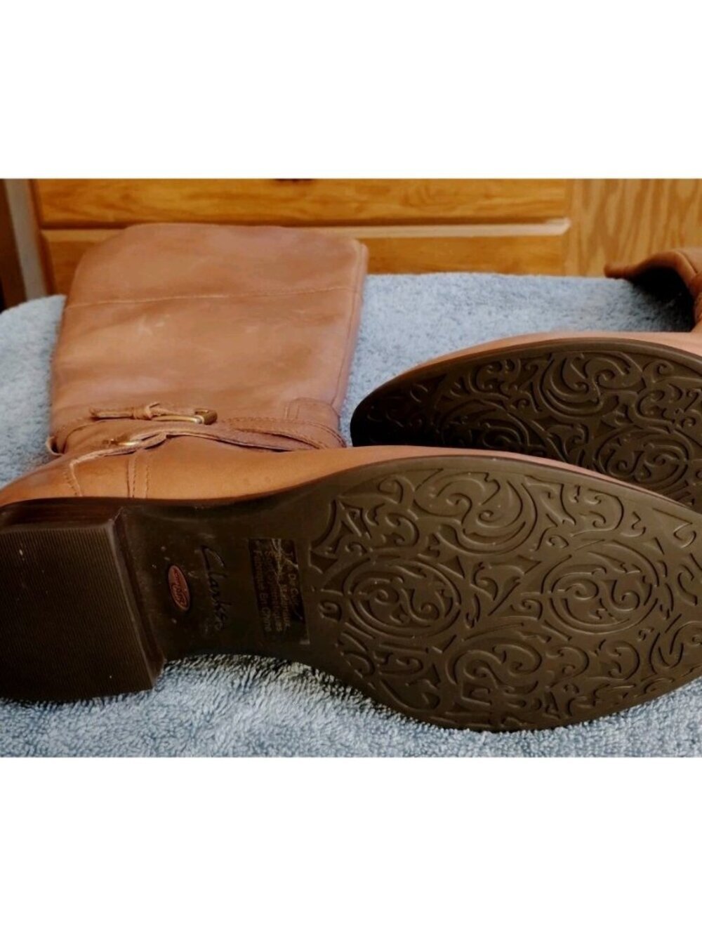 Clarks Riding Tall Boots Womens Size 6.5 M Brown Leather Zip Buckles - Picture 4 of 12
